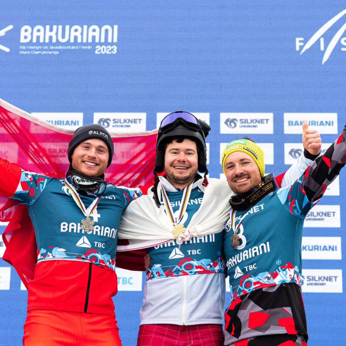 FIS Freestyle Ski, Snowboard and Freeski World Championships - Bakuriani GEO - PGS - Men's podium with 2nd CAVIEZEL Dario SUI, 1st KWIATKOWSKI Oskar POL, 3rd PAYER Alexander AUT © Miha Matavz/FIS