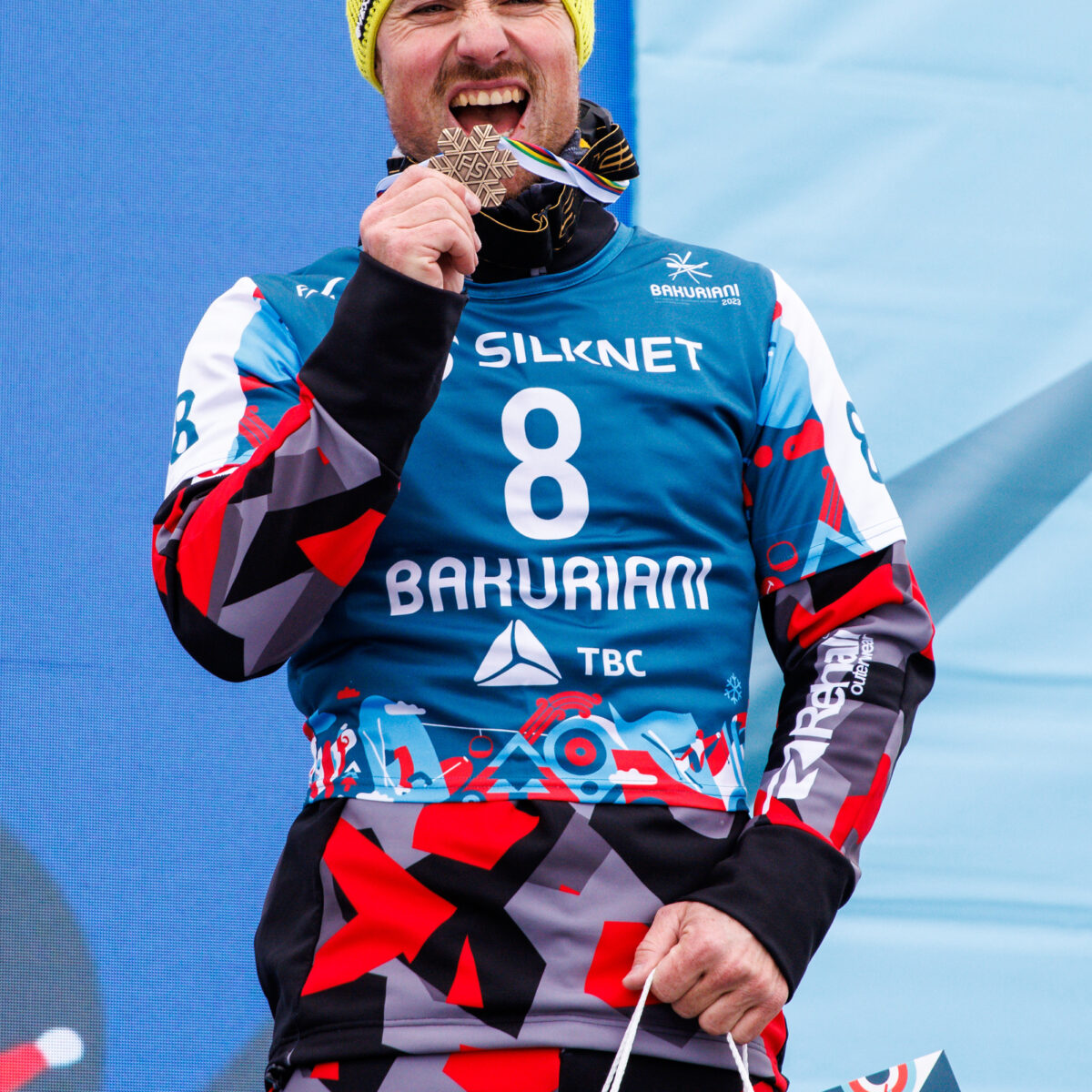 BAKURIANI,GEORGIA,19.FEB.23 - SNOWBOARD - FIS SX and SB World Championships, Parallel Giant Slalom, men, ladies, award ceremony. Image shows the rejoicing of Alexander Payer (AUT). Photo: GEPA pictures/ Matic Klansek